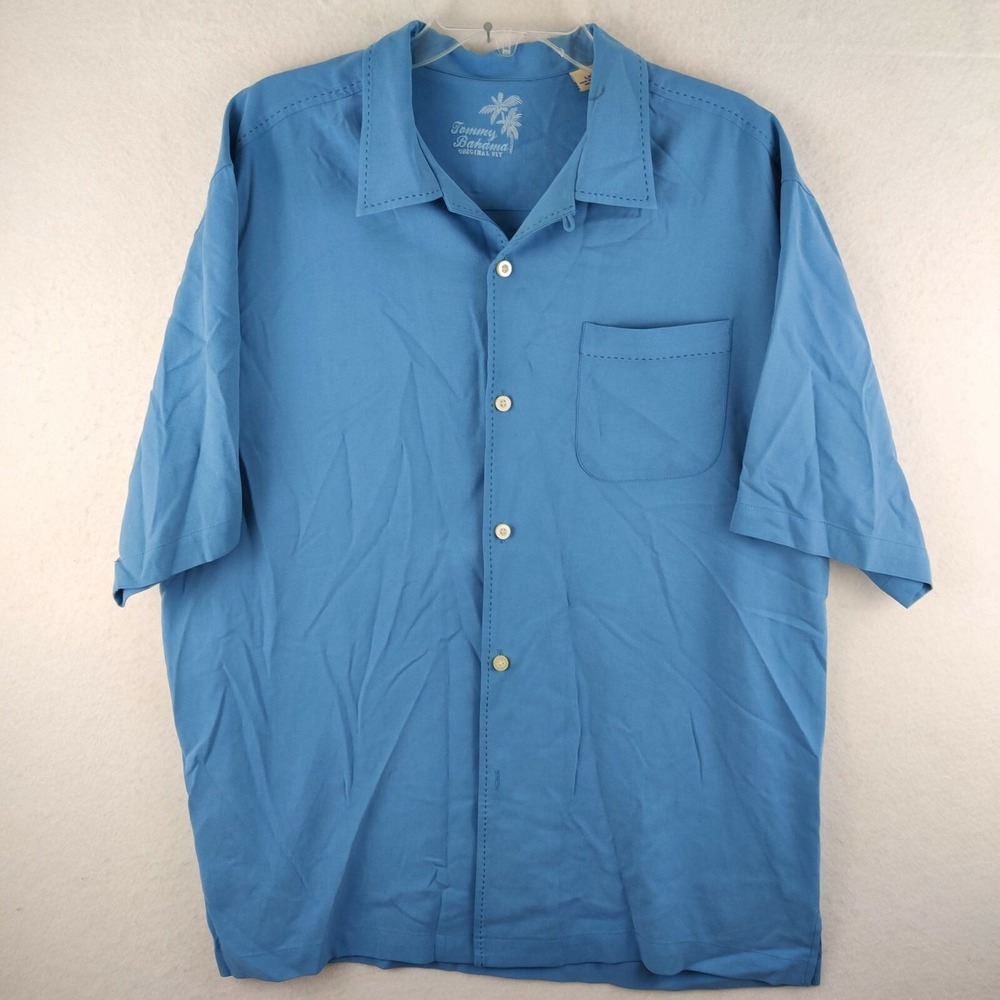 Tommy Bahama Mens Large Silk‎ Casual Blue Button Up Shirt Size L